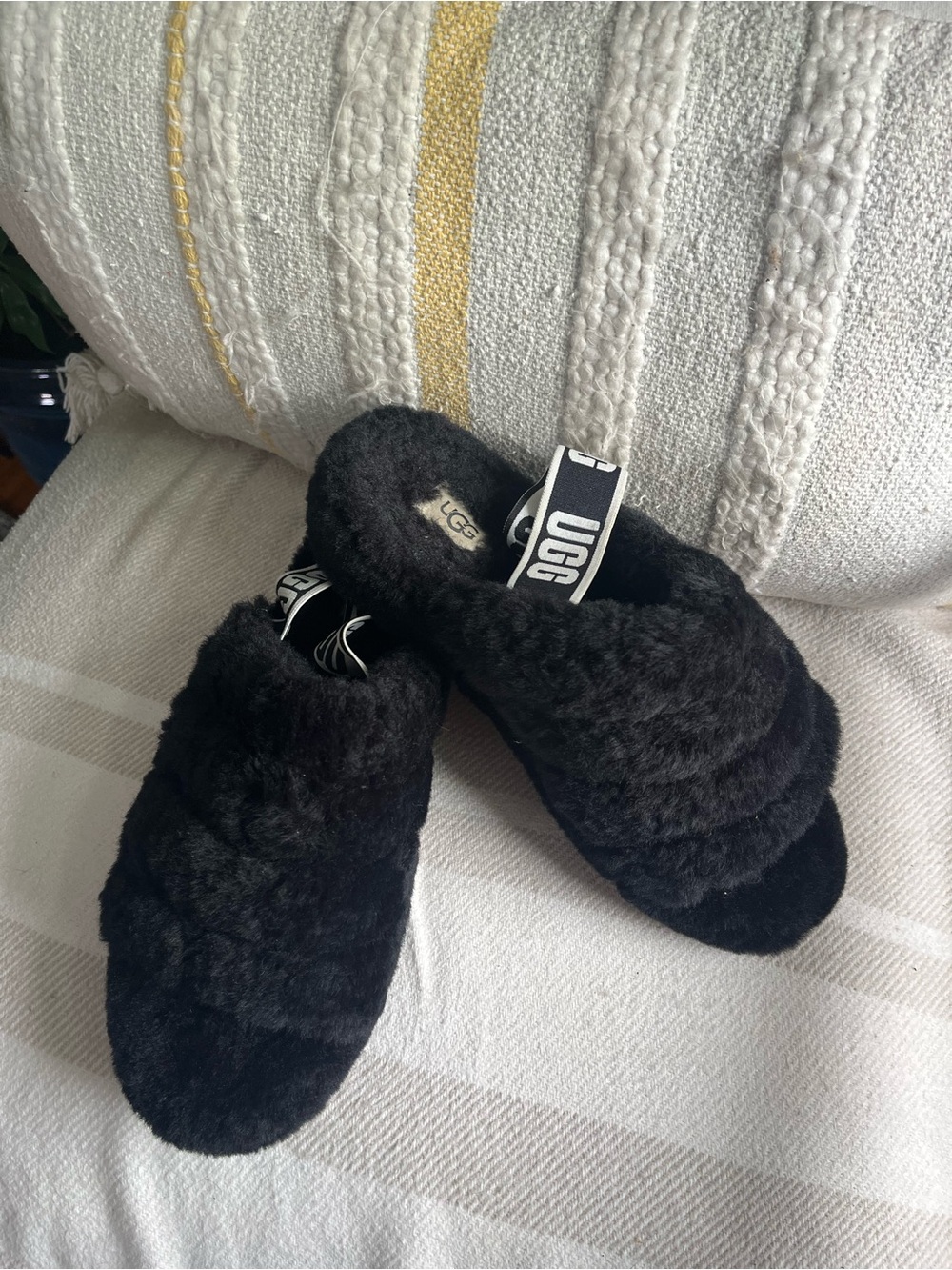 UGG Black Shearling Slide Slippers with Branded Back Strap